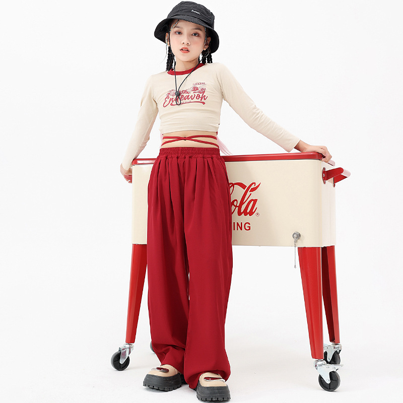 兒童爵士舞表演出服裝女童韓版露臍上衣寬鬆褲子少兒jazz舞蹈套裝