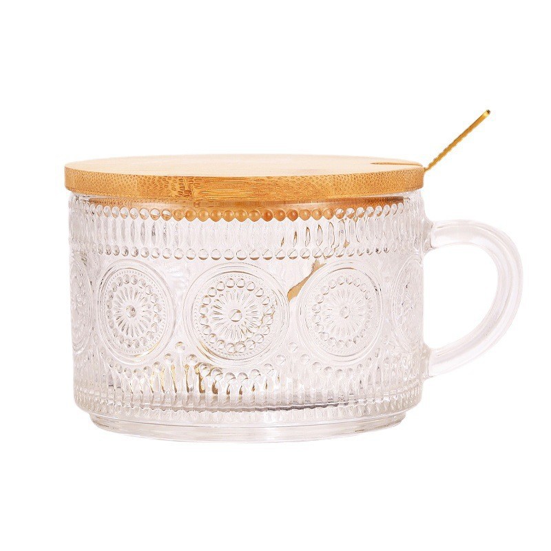 Чашка для завтрака винтажный рельеф 14oz кофейная чашка подсолнух с ложкой с крышкой прозрачная стеклянная чашка молока