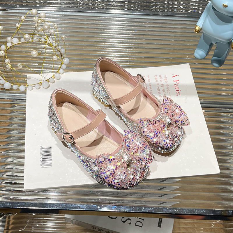 Girls' Crystal High Heels 2023 Spring and Autumn Princess Shoes Soft Sole New Arrival Bow Baby Children's Shoes Performance Shoes