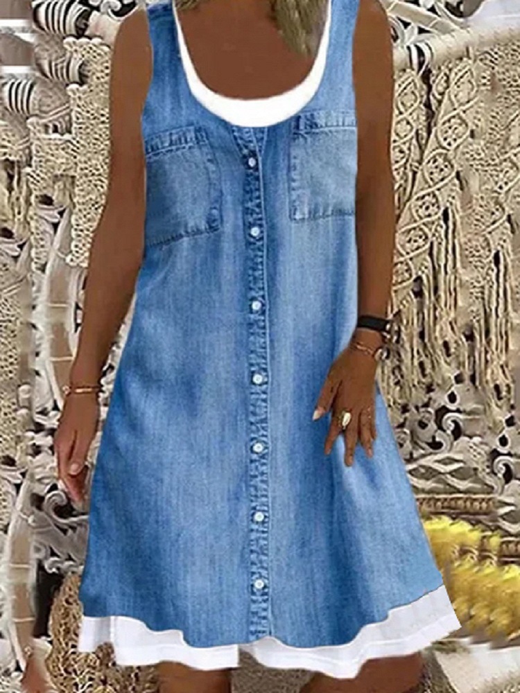 Europe and the United States cross-border Amazon foreign trade Women's loose fashion digital printing fake two-piece imitation denim dress women