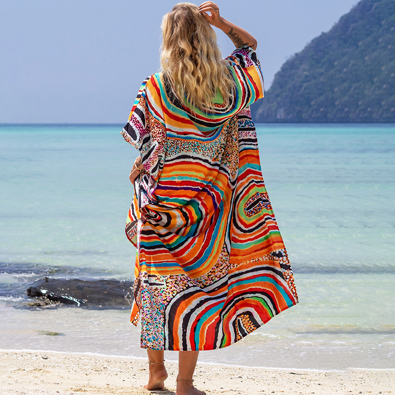 European and American New Style Cotton Printed Robe Seaside Vacation Sun-protective Shirt Beach Long Dress Bikini Swimsuit Blouse Outer Wear