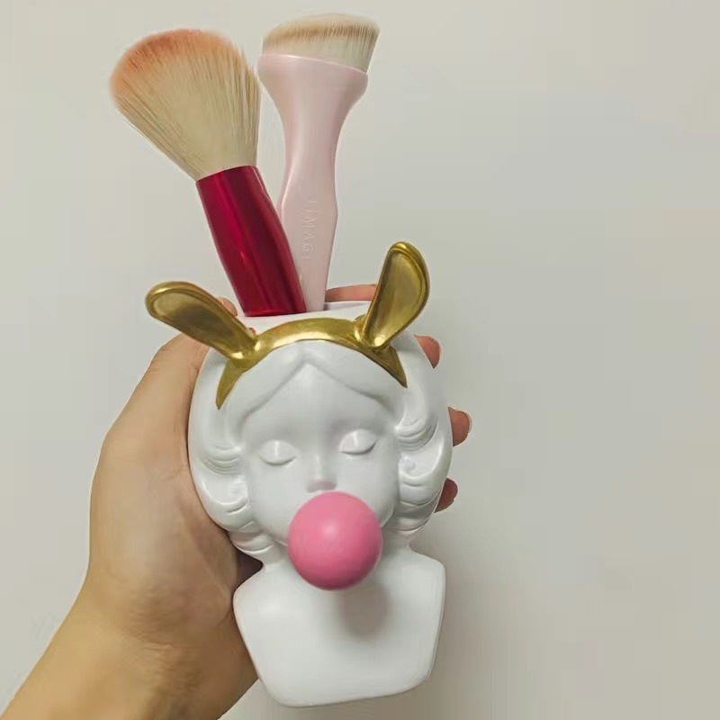 ins Rabbit Ear Bubble Blowing Girl's Pen Case Rabbit Ear Girl's Storage Vase Resin Ornaments Girl's Heart Room Decoration