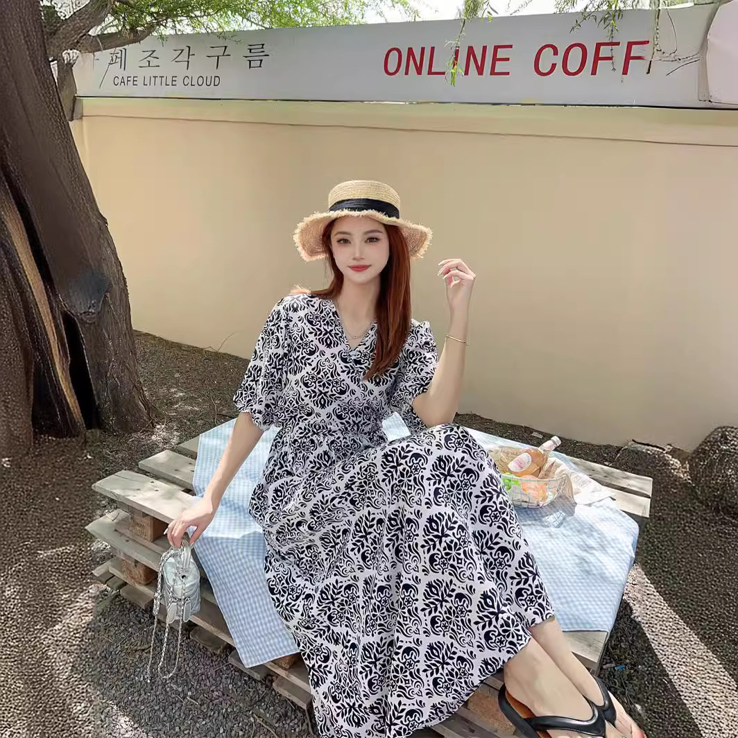 Cotton Silk Floral dress 2024 New Summer High-end plus size chubby girl Skirt Tight Waist Slimming French Long Dress