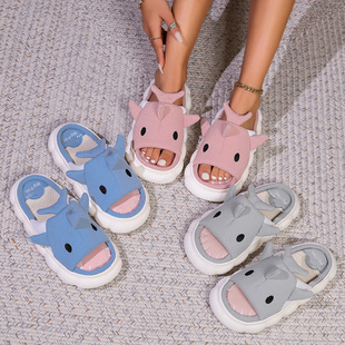 Cross-border in stock cartoon shark open toe slippers women's cute home indoor sweat-absorbent Four Seasons linen slippers couple