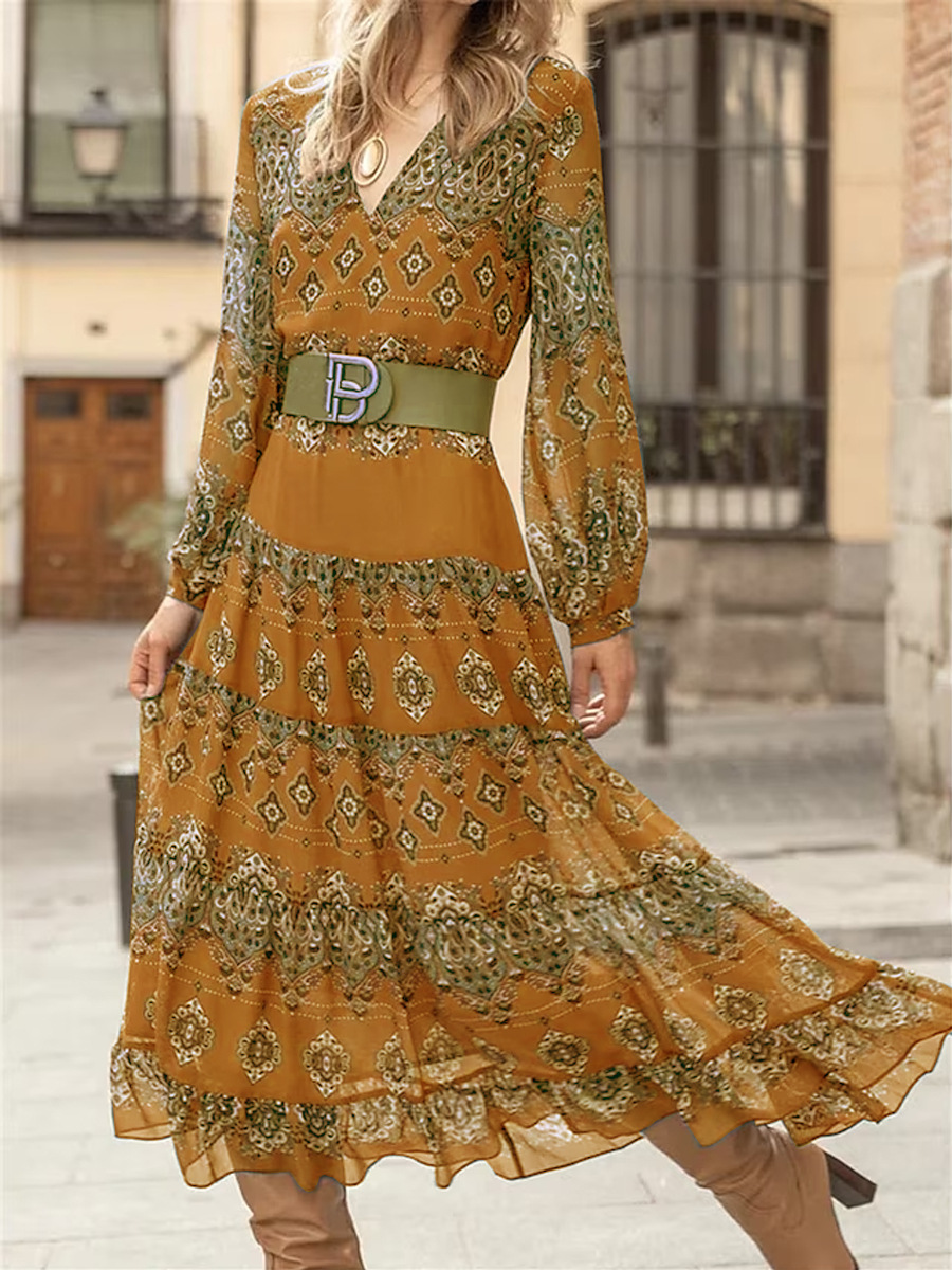 European and American long sleeve V-neck tight waist slimming A- line baroque print dress elegant large swing long skirt with belt