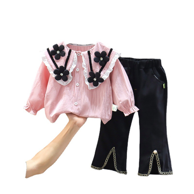 In the spring and autumn of 2023 new children's clothing doll collar black small flower long sleeve jacket casual trousers two-piece wholesale