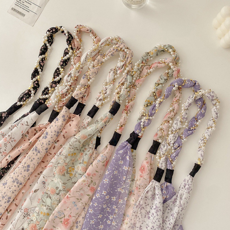 2021 Ultra-Glamorous Pearl-Embedded Fringe Ribbon Silk Headband Korean-Inspired Influencer Sweet Long Ribbon Braided Hair Clip for Women