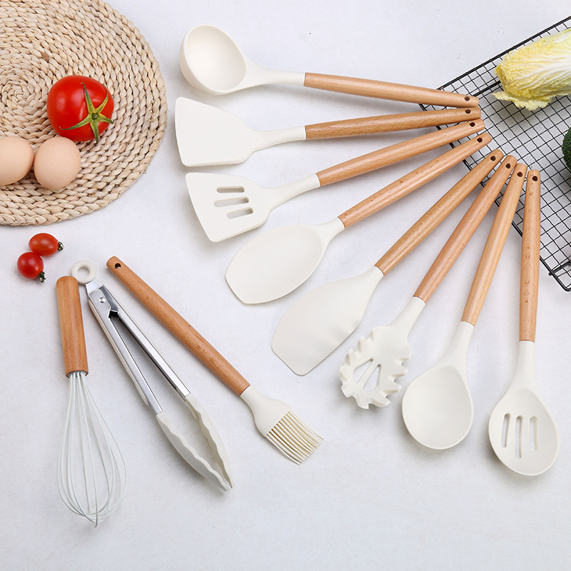 Cross-border milky white wooden handle silicone kitchenware 11-piece non-stick pan cooking spatula soup spoon kitchen tools suit