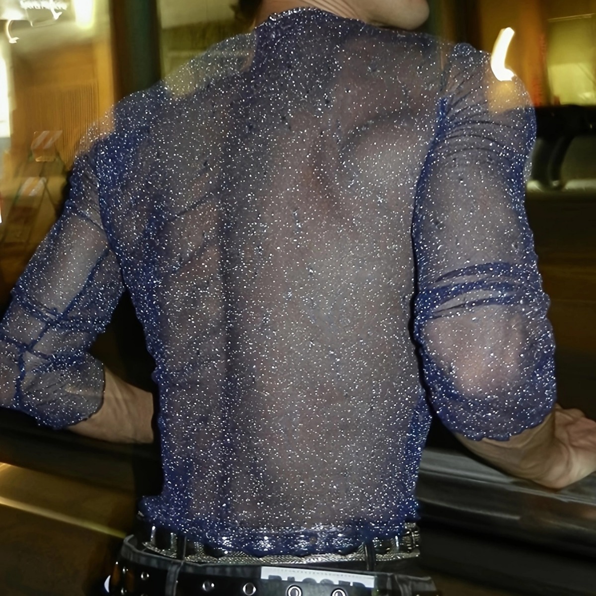 Amazon popular micro transparent T-shirt men's fashion tight long-sleeved bottoming shirt men's Stretch Slim purple funny clothing