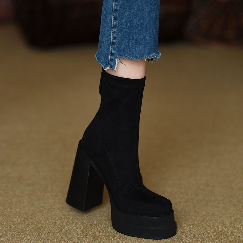 Fashion boots elastic boots Korean style thin boots 2023 autumn and winter super high heel chunky heel square toe waterproof platform short boots for women