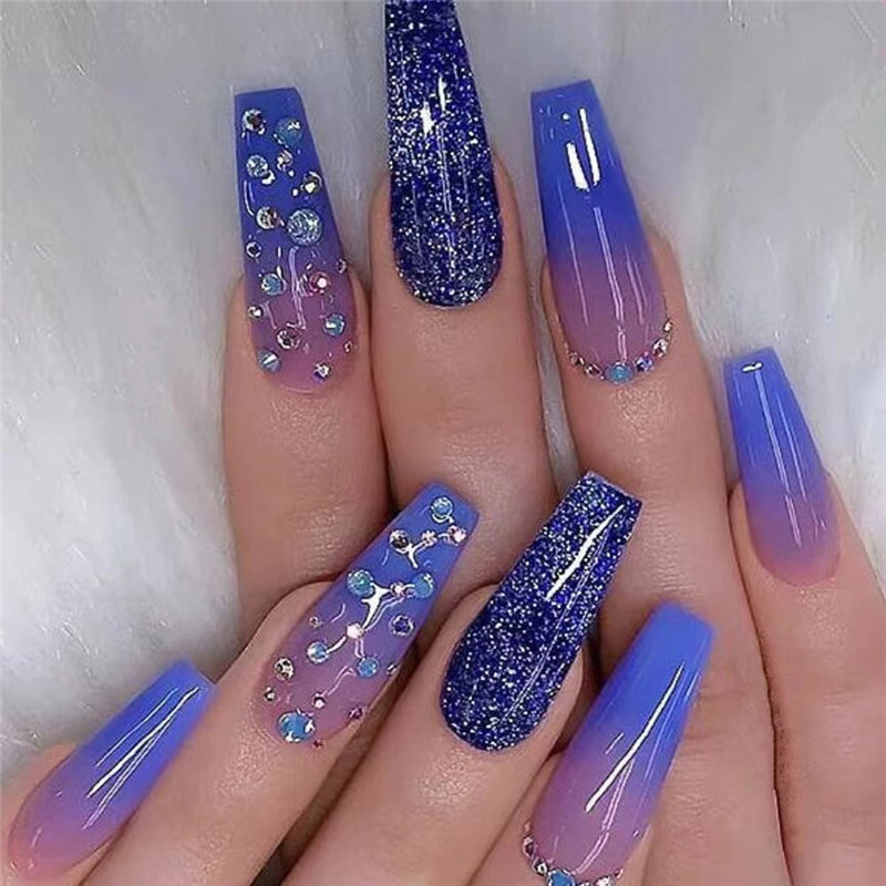 Press on nails漸變點鑽芭蕾甲穿戴甲歐美長款美甲甲片穿戴甲批發