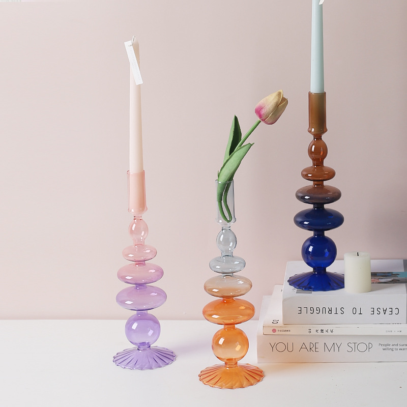 Creative Simple Glass Candlestick Flower Vase Craft Ins Internet Celebrity Art Living Room Guesthouse Dining Table Decorative Item Insert Dried Flowers 