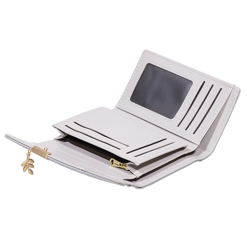 Women's Mid-length wallet summer new PU fresh rhombus personality leaf pendant tri-fold bag women's clutch