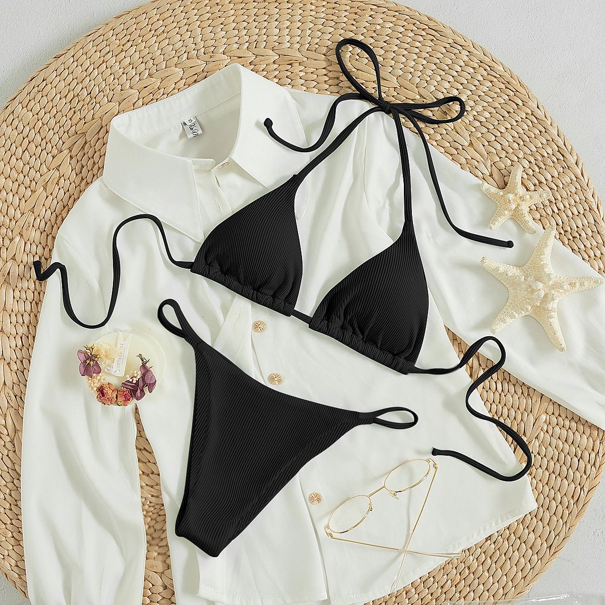 2024 New European and American Sexy Lace-up Neck Hot Spring Bikini Multicolor Three-point Sexy Split Swimsuit Women