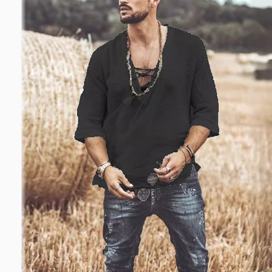 2024 European and American new wish Amazon popular men's chest lace-up corns half sleeve t-shirt shirt