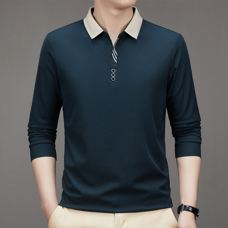 New Men's Autumn New Long-sleeved Polo Shirt Men's Business Scissor Collar Fit Solid Color Lapp Base T-shirt for Men