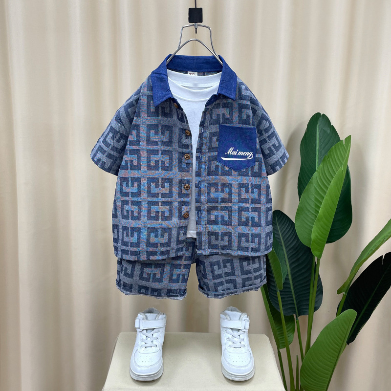 男童夏裝2024新款帥男孩寶寶衣服洋氣兒童夏季牛仔襯衣短袖套裝潮