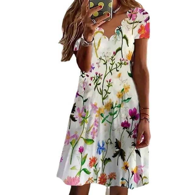 Amazon wish AliExpress independent station summer new European and American women's digital printing V-neck short sleeve dress
