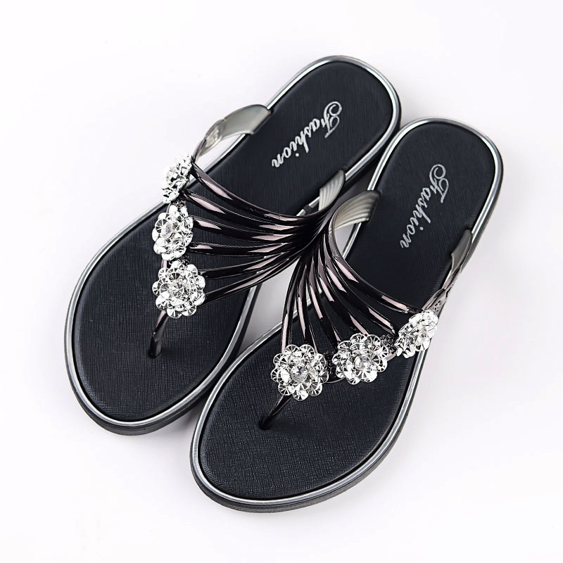2023 Summer Women's Slippers Flower Flat Slippers Women's Rhinestone All-match Outer Wear Flip-flops Women's Flip-Flops
