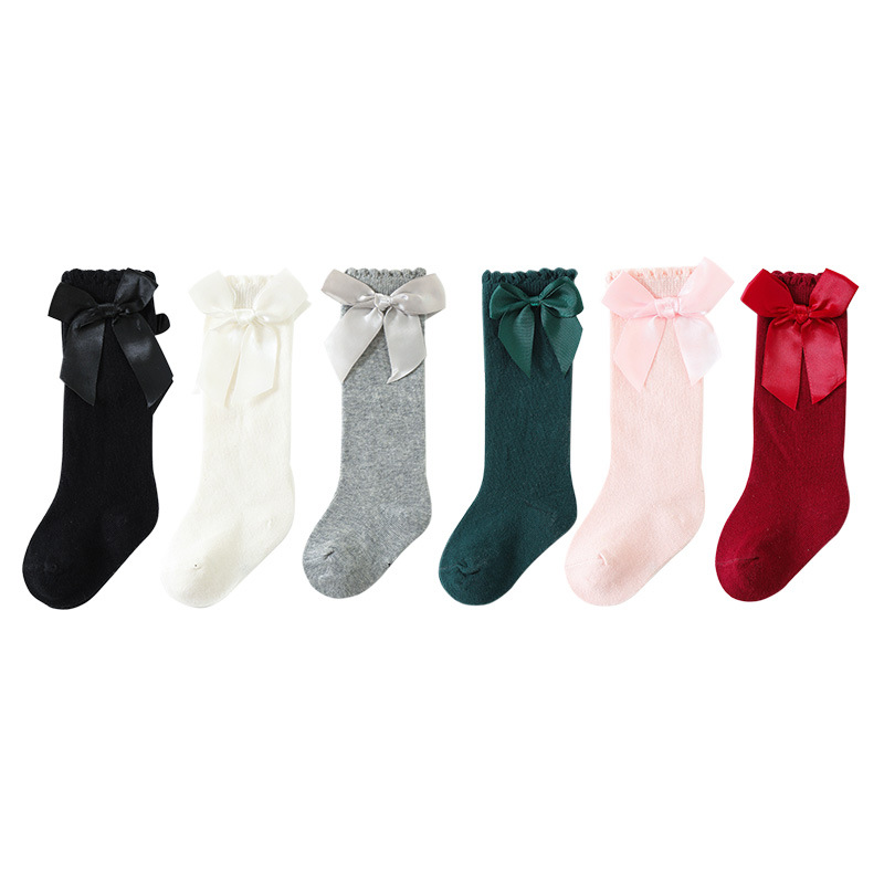 Baby Spring and Autumn Bow Medium Stockings Girls Student Princess Socks Spanish Style Wine Red Solid Color Socks