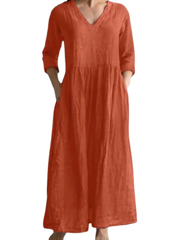2023 foreign trade dress V-neck women's cross-border Women's cotton and linen dress pocket V-neck half sleeve pleated dress women