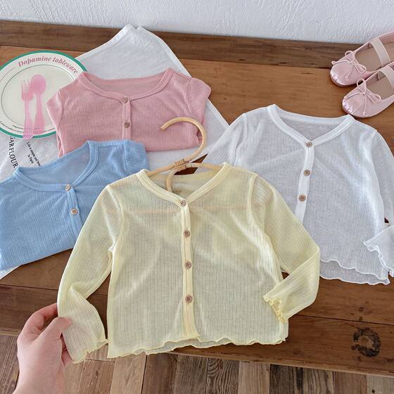 Girls Solid Color Air-conditioning Shirt 0-5 Years Old Summer South Korea Children's Wear Baby Girl Refreshing Breathable Thin Coat Trendy AY493
