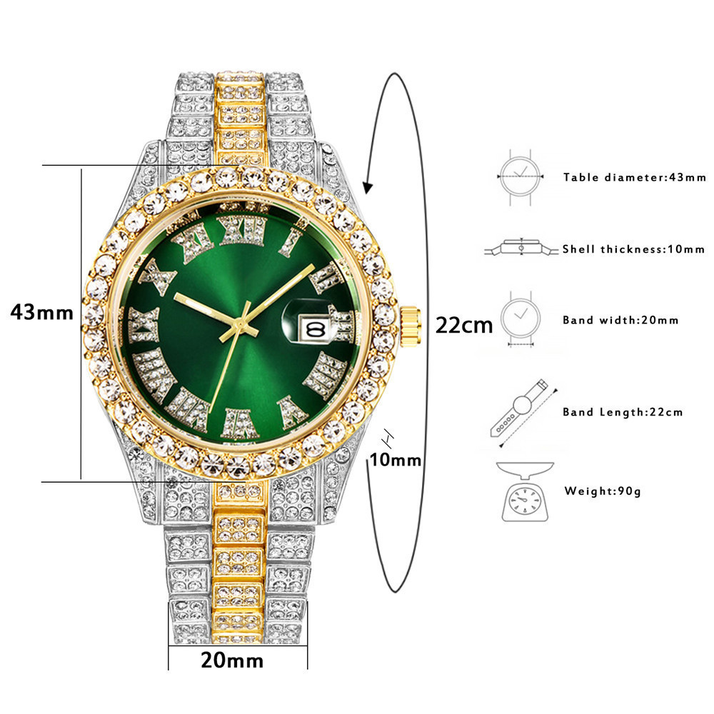 Neue wasser geist große strass Diamant herren Uhr Römischen skala kalender hip-hop uhr herren gold uhr Grün voller diamant_voghion.com