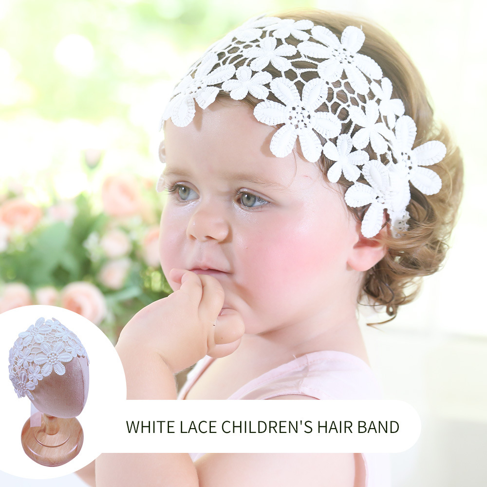 Children's White Lace Hair Band Female Baby's Hollow Flower Headband Bow Princess Hair Accessories Elastic Hair Band