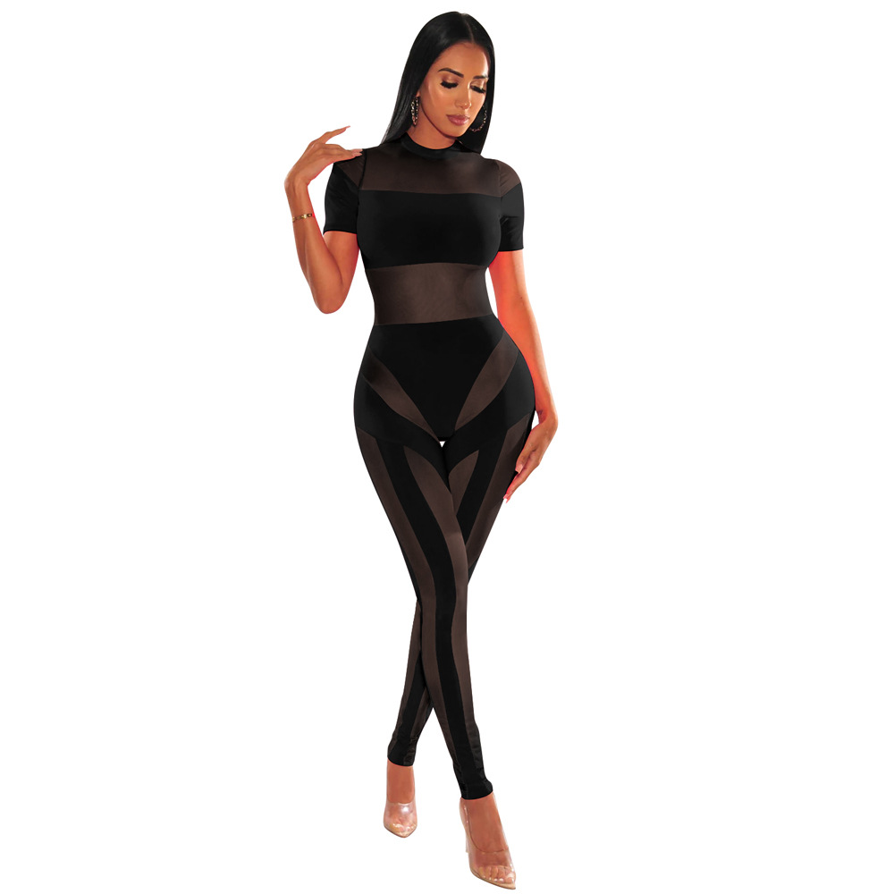 Cross-Border women's clothing AliExpress Amazon Europe and the United States new mid-collar sexy perspective mesh stitching jumpsuit women