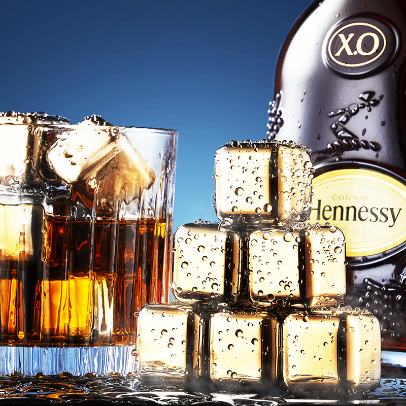 Golden 304 Stainless Steel Ice Cube Set Electroplated Metal Ice Wine Stone Whiskey Ice Ball Square 27mm Ice Grain