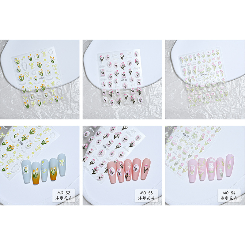 Small fresh nail art cute rabbit Tulip relief stickers spring and summer flowers French stereo stickers