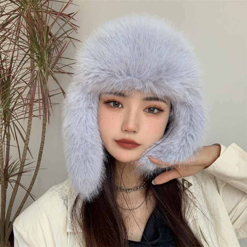 Autumn and Winter plush faux fox fur Lei Feng hat ski hat retro Internet Celebrity All-match warm fur furry ear protection