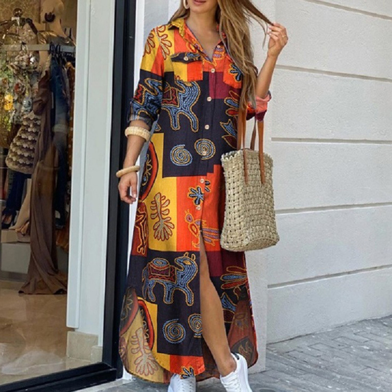 2024eBay AliExpress autumn new fashion long sleeve shirt dress long dress S-5XL a large number of in stock