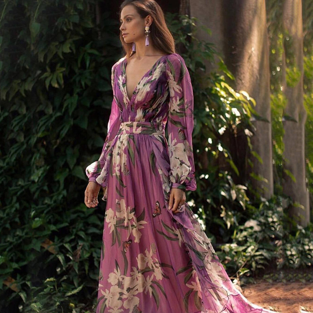 2024 Cross-border Summer New Foreign Trade Printed Women's Dress Amazon V-neck Long Sleeve Large Swing Dress Women