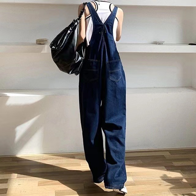 Denim Suspender Pants Trousers for Female Students Spring and Autumn New Korean Style Wide Leg Pants Loose Floor-length Pants High Waist One-piece Pants