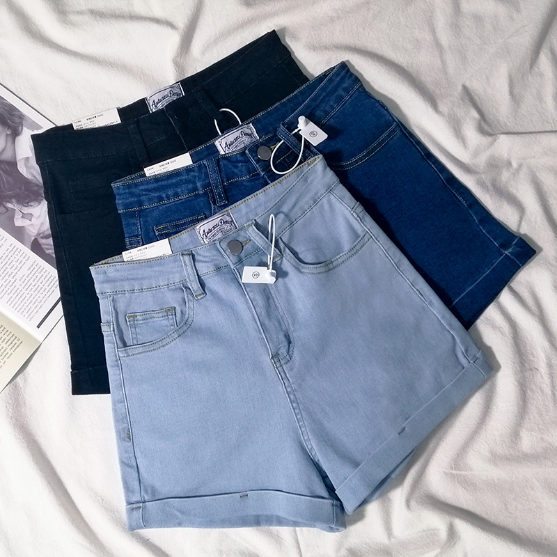 2023 Spring and Summer Cyber Celebrant Hyun Ya Style All-match Curled Denim Hot Pants Women's Elastic High Waist Slimming Tight Shorts