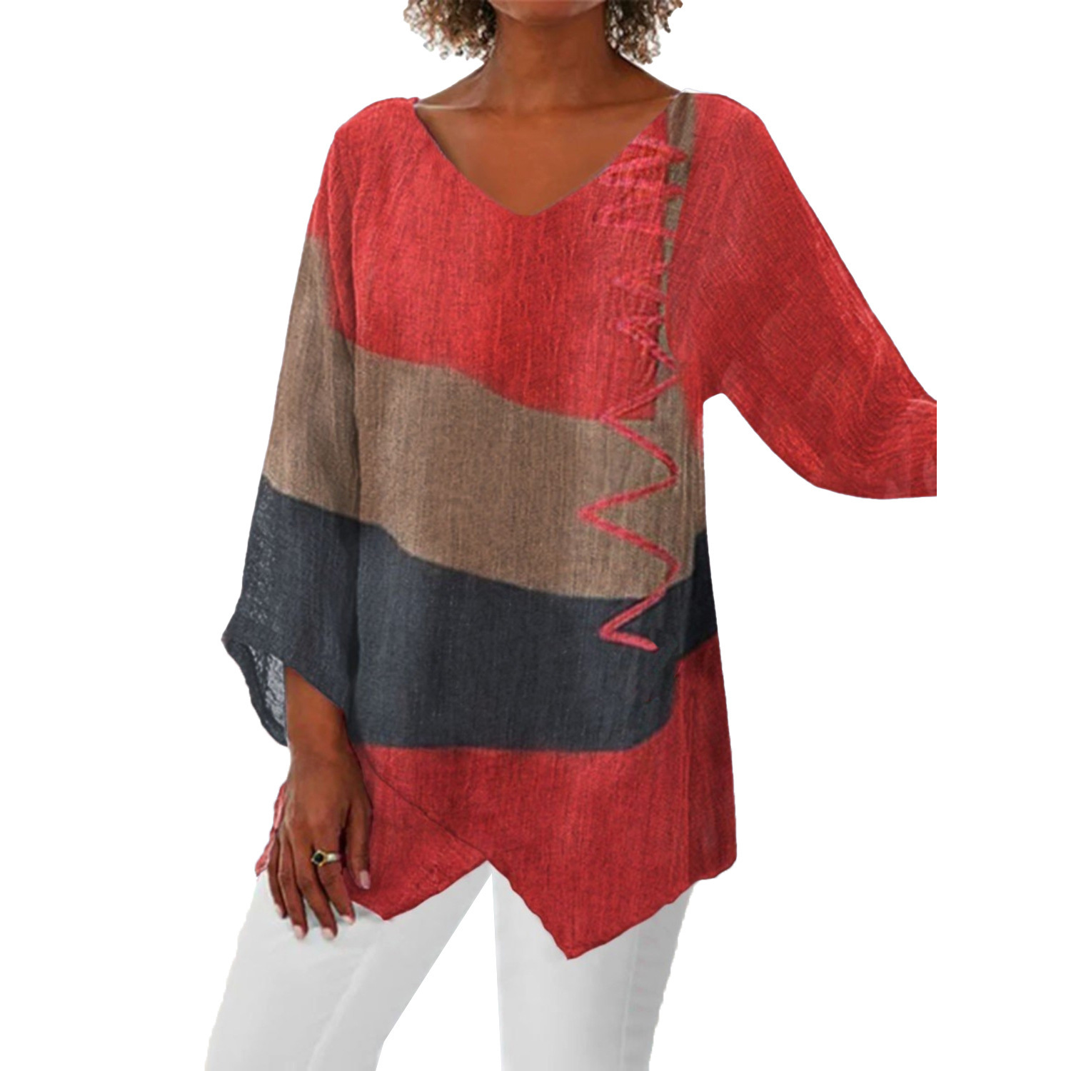 Fall 2024 European and American new casual loose V-neck irregular hem art print long sleeve retro top for women