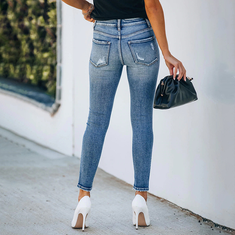 2022 New Cross-border Amazon European and American Denim Slim-fit Ripped High Elastic Women's Denim Pants