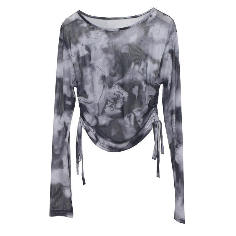 Retro ethnic style drawstring lace-up slim-fit short long-sleeved T-shirt for women with style tie-dye mesh and sun protection top