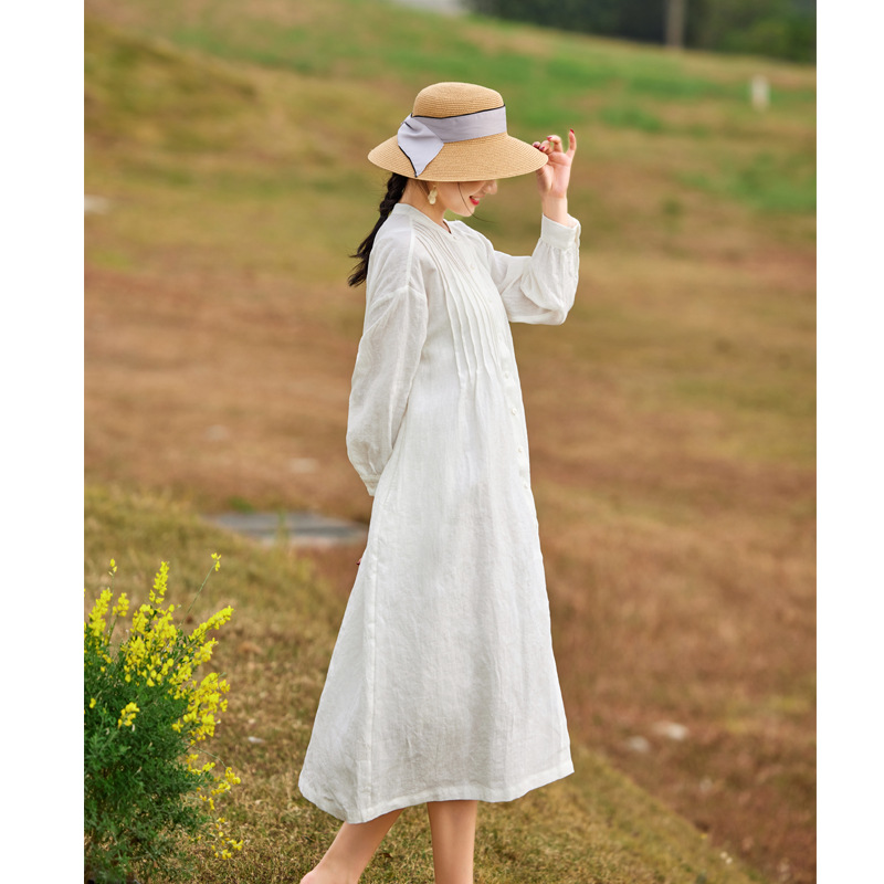 Japanese Pleated Design Linen Long Sleeve Shirt Dress