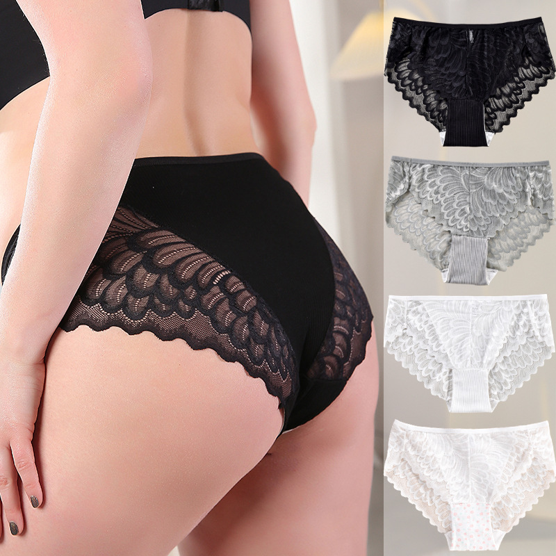 Large Size Women's Underwear Sexy Lace Fat MM Cotton Crotch Mid-Waist Underwear Hip Briefs Large Size Cross-Border Explosions