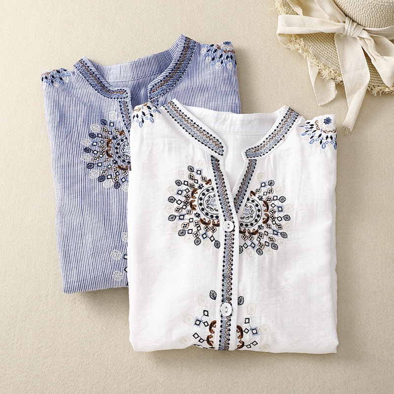 Real shot early summer 2023 retro art cotton and linen Chinese embroidery striped seven sleeve shirt collar embroidered top