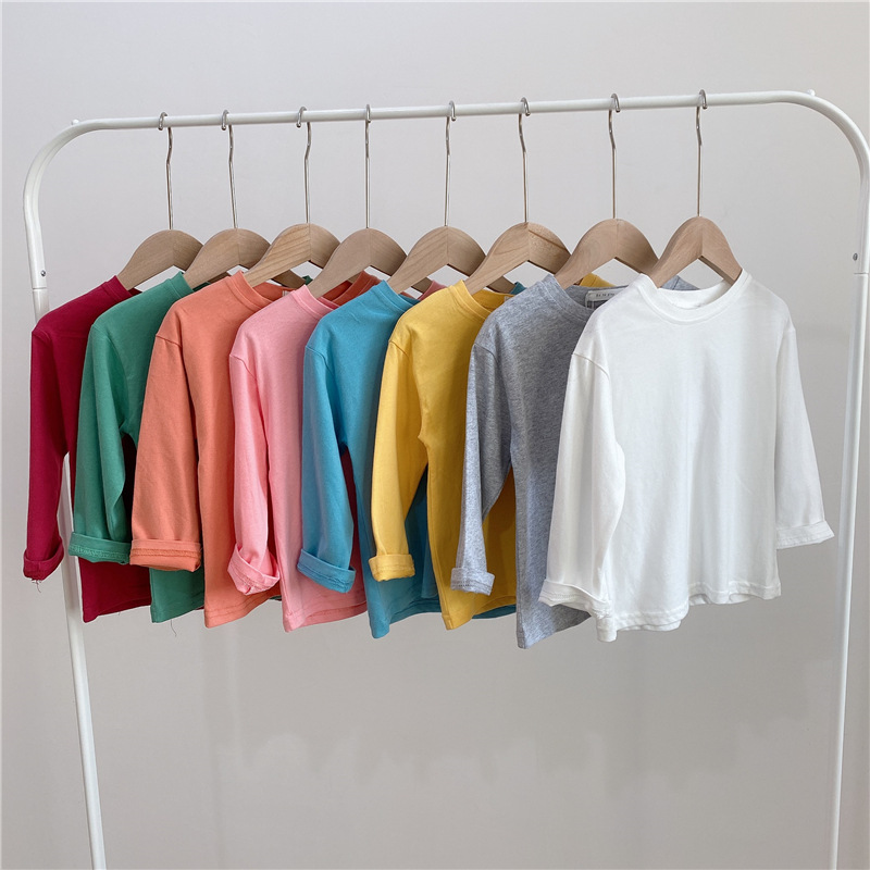 Children's pure cotton crew neck solid color long sleeve T-shirt for autumn and winter, unisex baby and kids' base layer shirt for girls, spring and autumn style