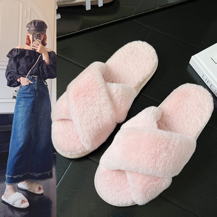 Swing line home women's plush slippers autumn and winter new foreign trade cross-border Women's Flat fleece-lined cotton slippers cross