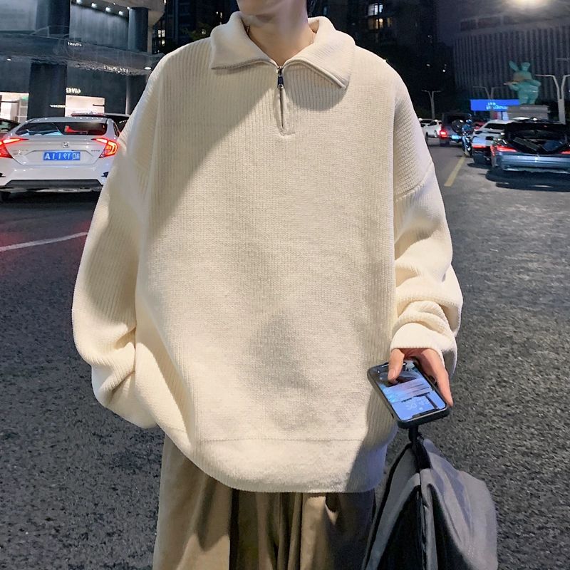 Half Turtleneck Zipper Sweater Men's Autumn Korean Style Fashionable Loose Knitted Sweater Heavy Trendy Brand Casual Couple's Sweater