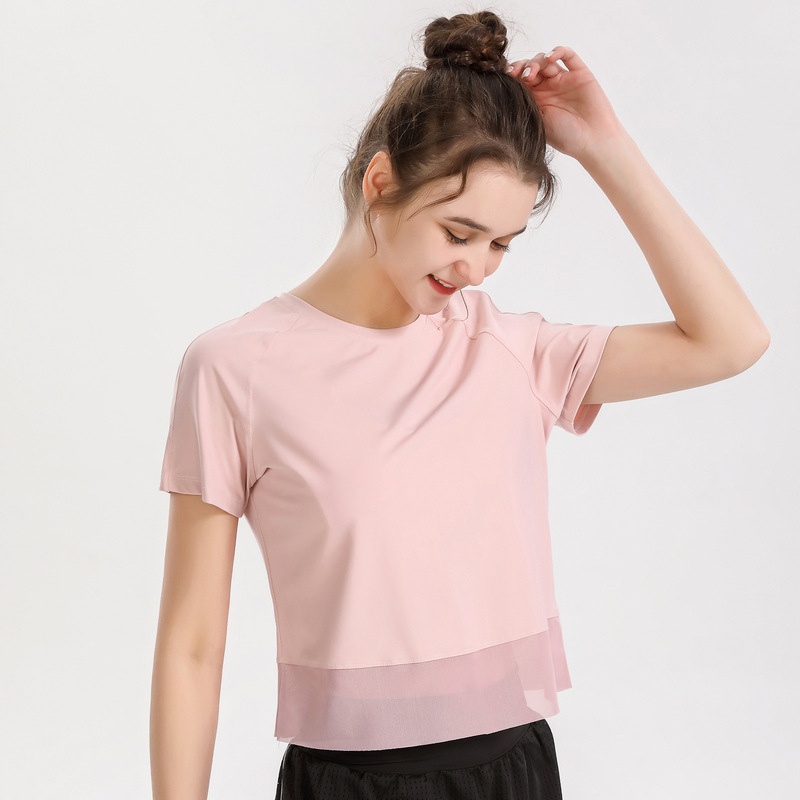 Cross-border Yoga Top Women's Loose Running Quick-drying Sportswear Short-sleeved T-shirt Training Mesh Fitness Clothing Europe and America