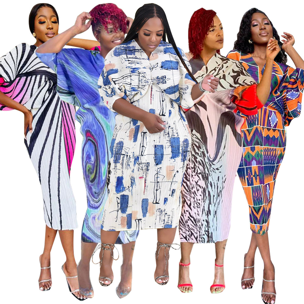K10263 Independent Station European and American Women's Cross-border Supply 2023 Explosions Plus Color V-Collar Bat Sleeve Printed dress