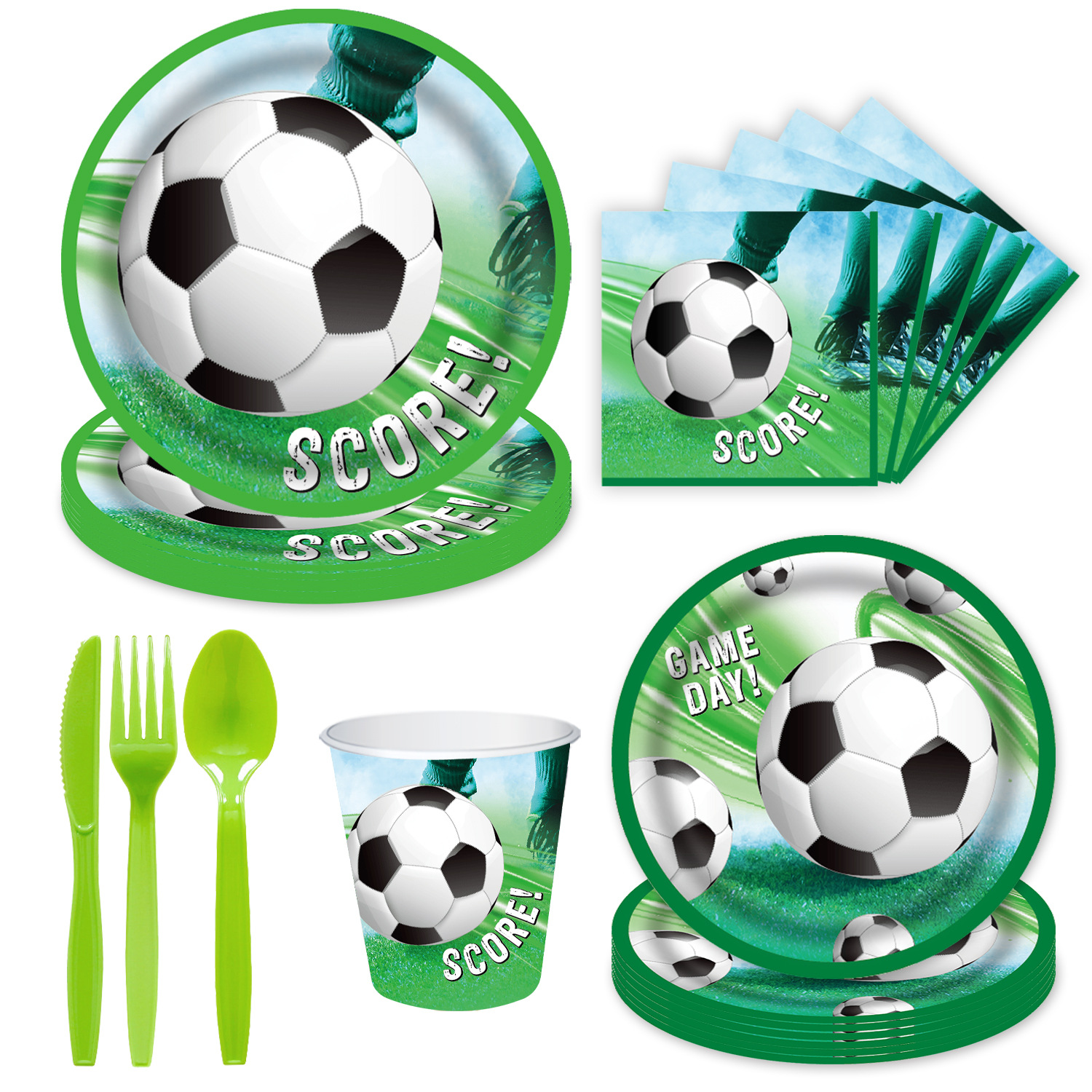 Football themed children's birthday party set disposable dinner plates paper cups paper plates paper towels tablecloth blowing dragon paper bag