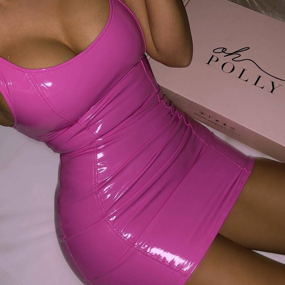Cross-border Amazon 2023 Women's New Dress Summer Sexy Sleeveless Imitation Leather Zipper PU Hip Dress