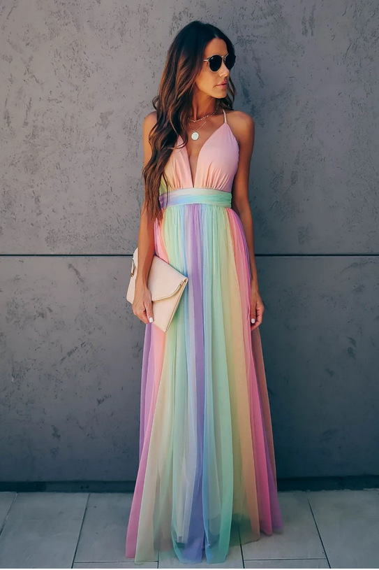 2022 Spring and Summer New European and American Cross-border Foreign Trade Women's Cross-border New Sling Sexy Deep V Rainbow Mesh Sling Dress